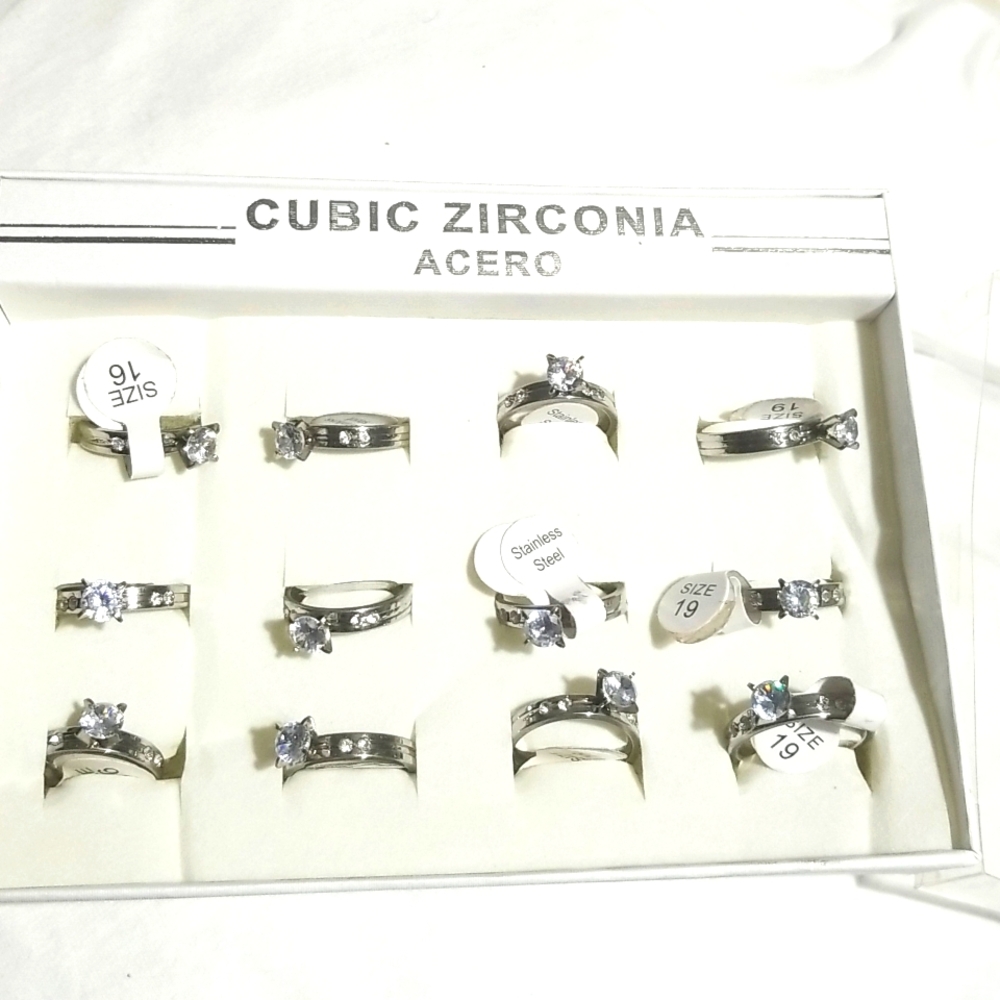 New 12 Stainless Steel Solitaire Cut Cubic Zirconia Wedding Rings Engagement Lot